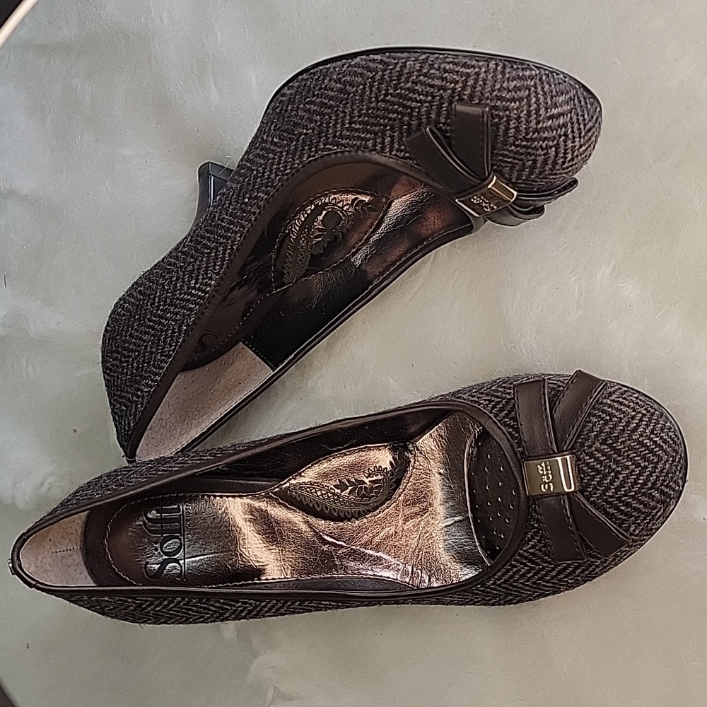 SOFFT Brown Tweed Herringbone Rounded Toe Bow‎ Preppy Office Comfort Heels 7.5